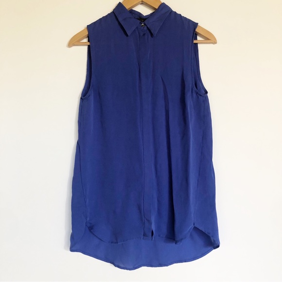 J Crew Royal Blue Silk Sleeveless Collared Top Size 6 Button Front Flowy Blouse - Picture 2 of 9